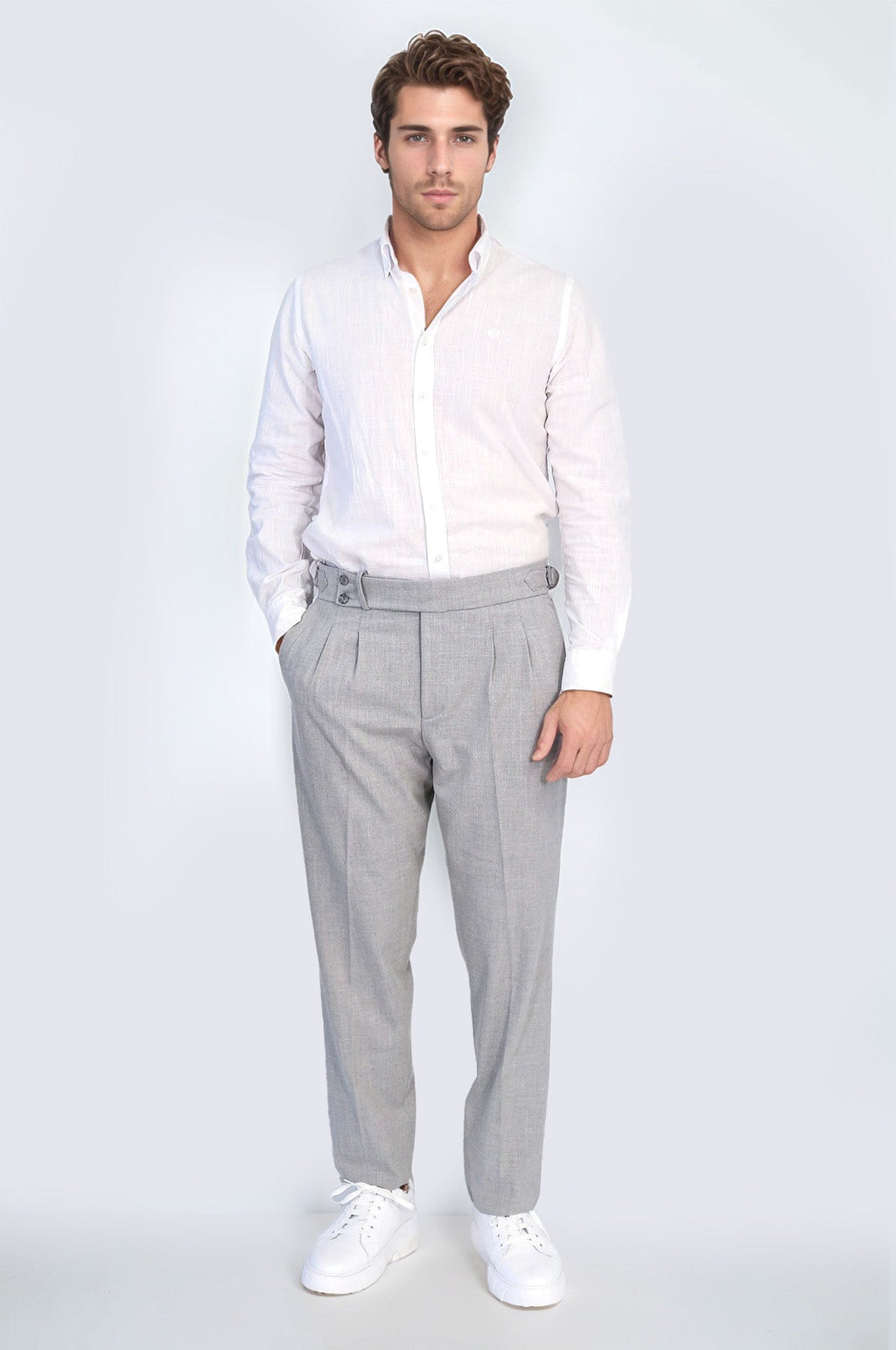 Gray Double-Pleated High-Waisted Slim Fit Trousers with Side Buckles – Wessi