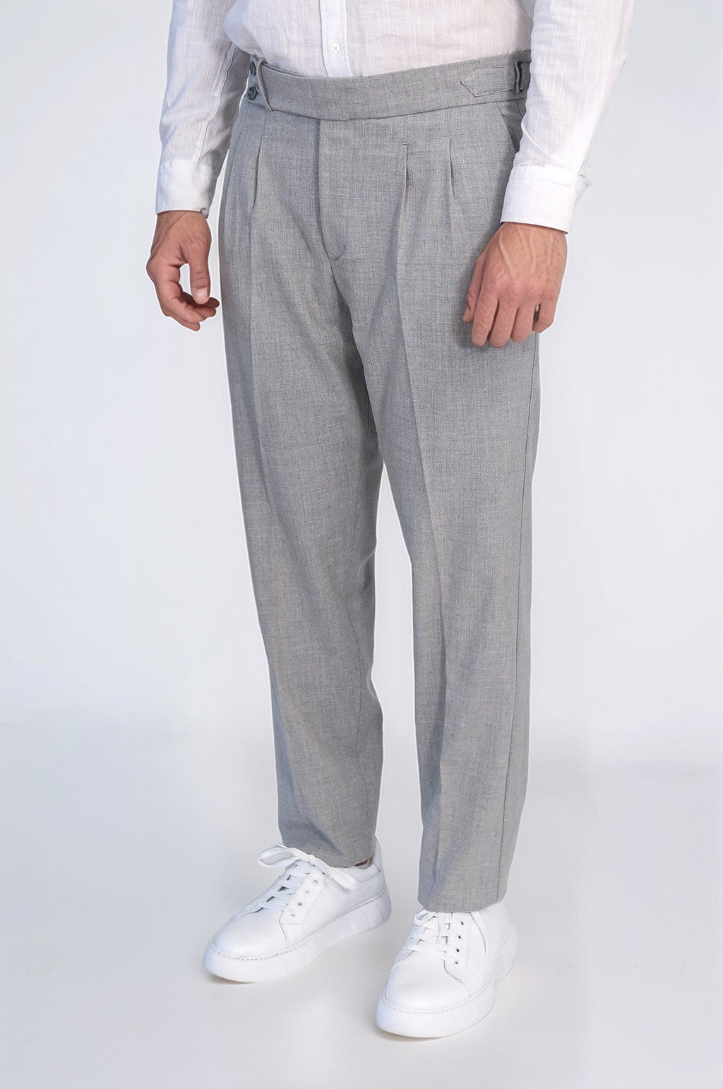 Gray Double-Pleated High-Waisted Slim Fit Trousers with Side Buckles – Wessi