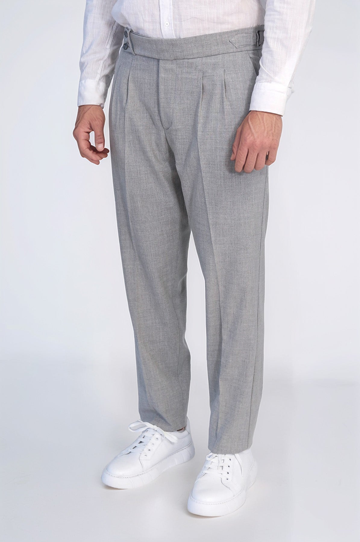 Gray Double-Pleated High-Waisted Slim Fit Trousers with Side Buckles – Wessi