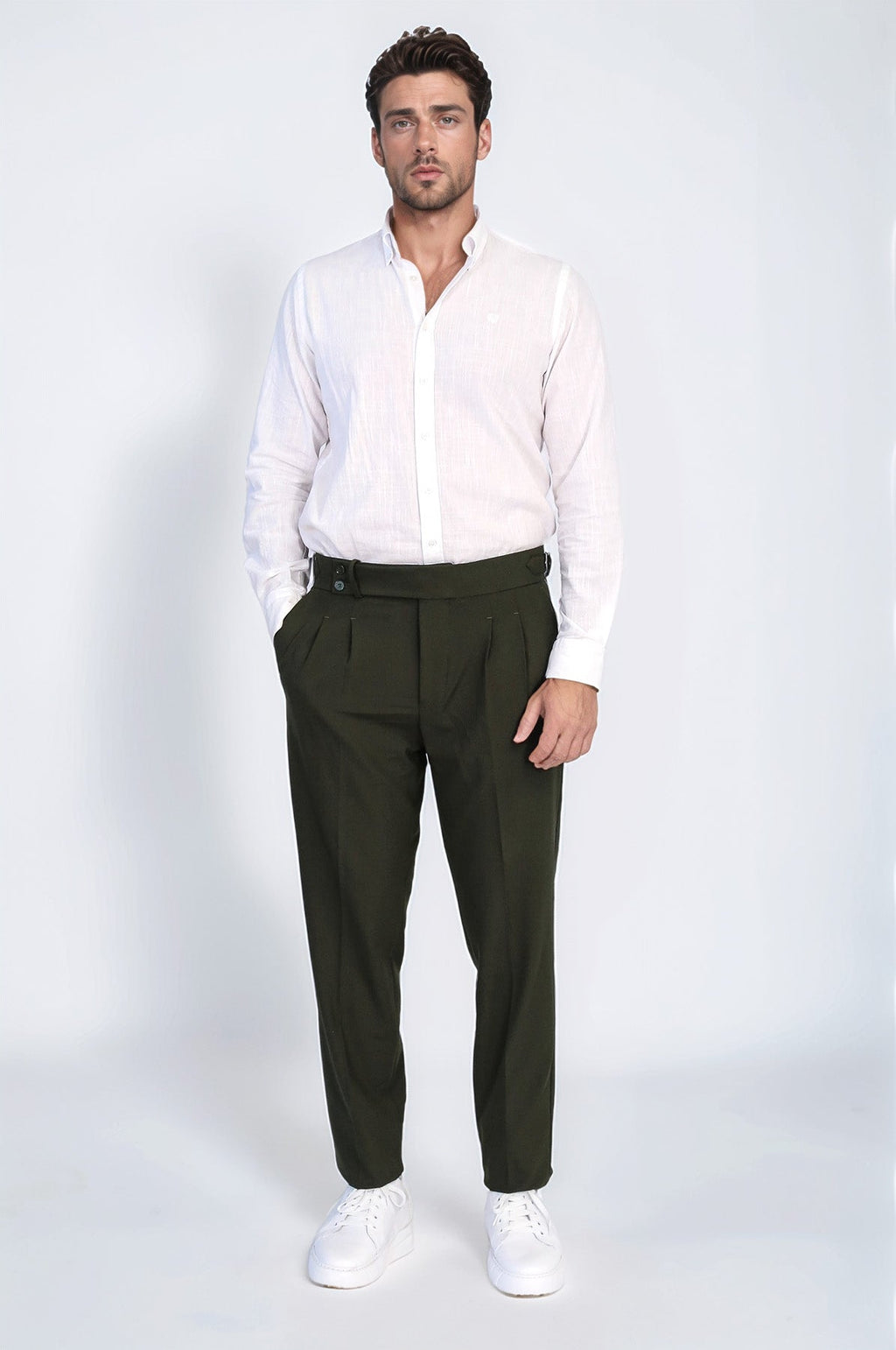 Khaki Double-Pleated High-Waisted Slim Fit Trousers with Side Buckles – Wessi