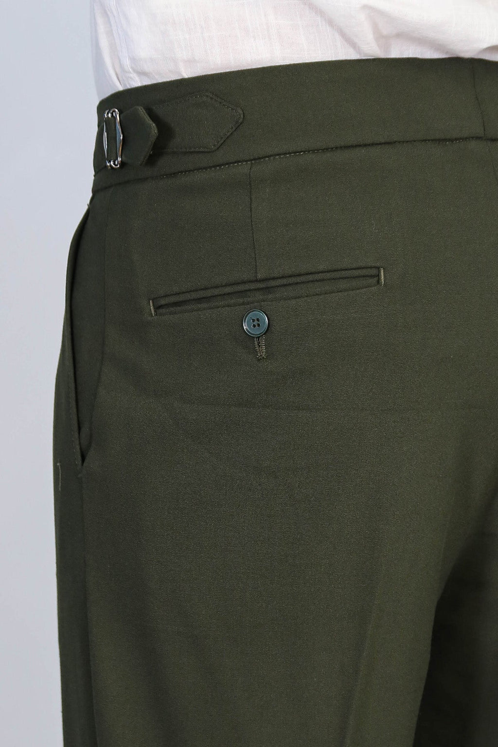 Khaki Double-Pleated High-Waisted Slim Fit Trousers with Side Buckles – Wessi