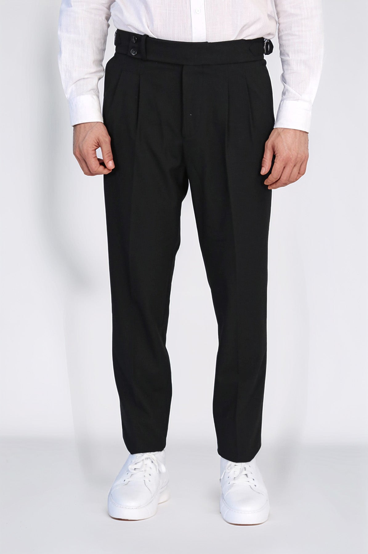 Black Double-Pleated High-Waisted Slim Fit Trousers with Side Buckles – Wessi