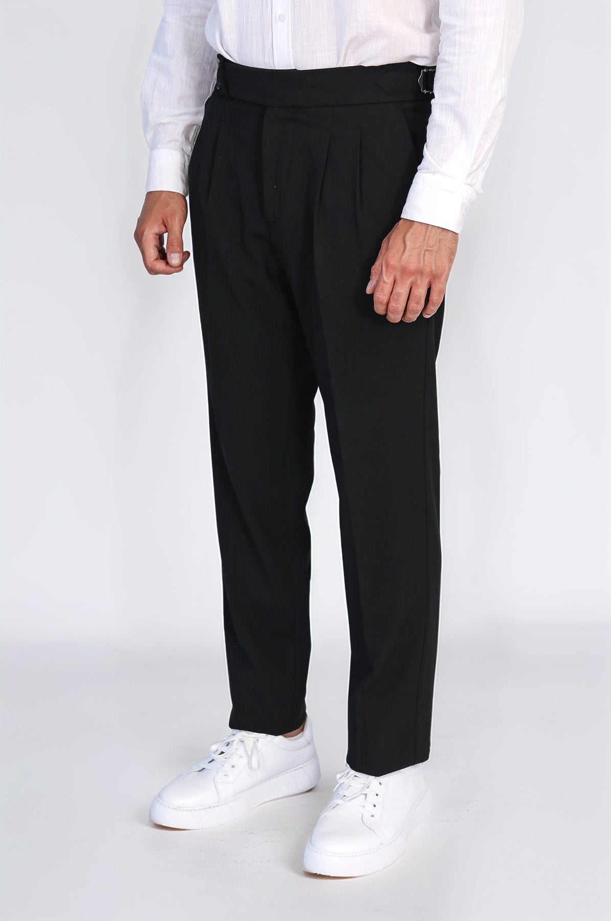 Black Double-Pleated High-Waisted Slim Fit Trousers with Side Buckles – Wessi