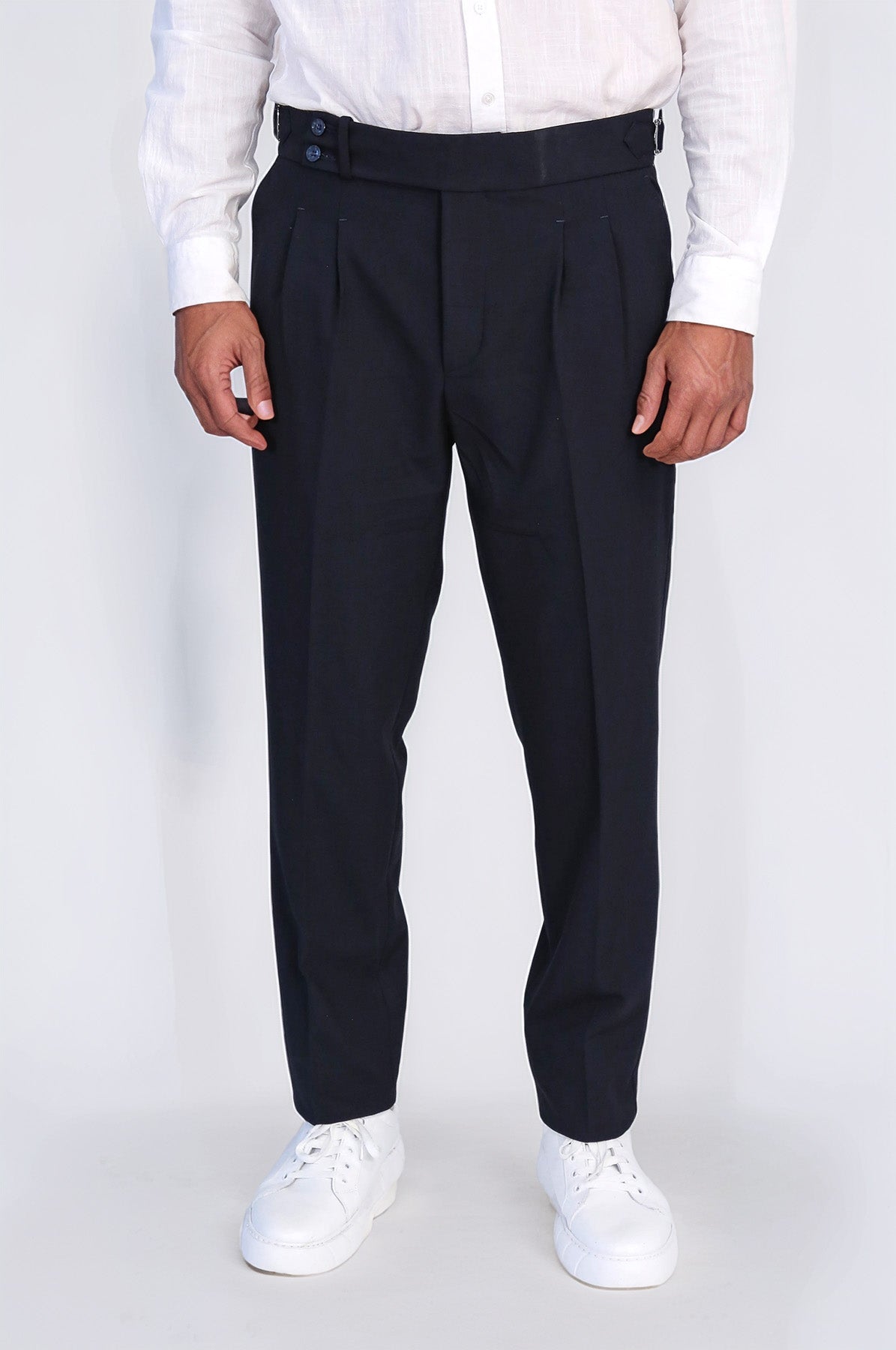 Navy Double-Pleated High-Waisted Slim Fit Trousers with Side Buckles – Wessi