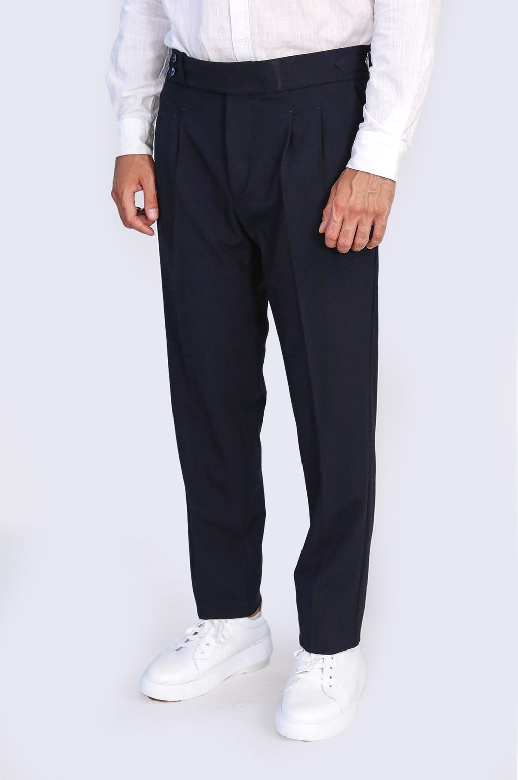 Navy Double-Pleated High-Waisted Slim Fit Trousers with Side Buckles – Wessi