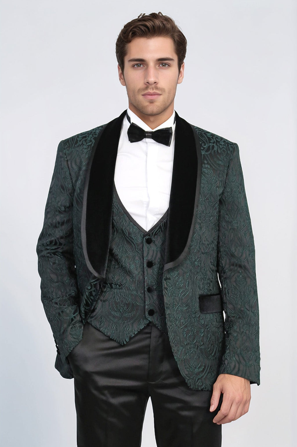 Baroque Patterned Velvet Shawl Collar Vested Green Tuxedo - Wessi