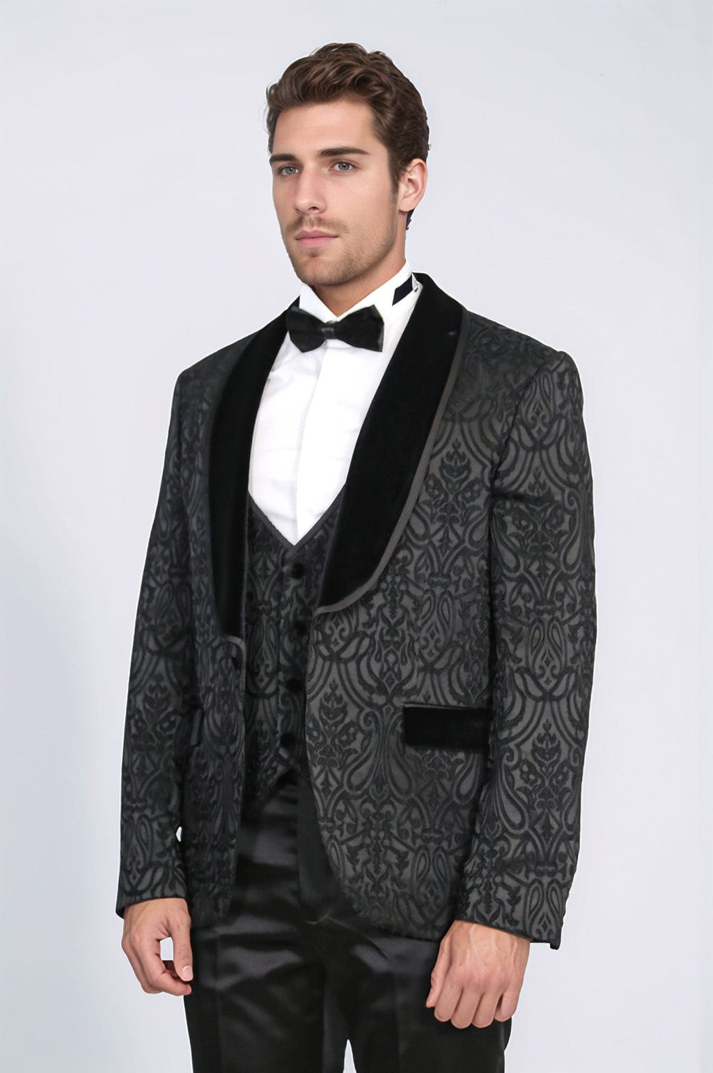 Baroque Patterned Velvet Shawl Collar Vest With Black Tuxedo- Wessi