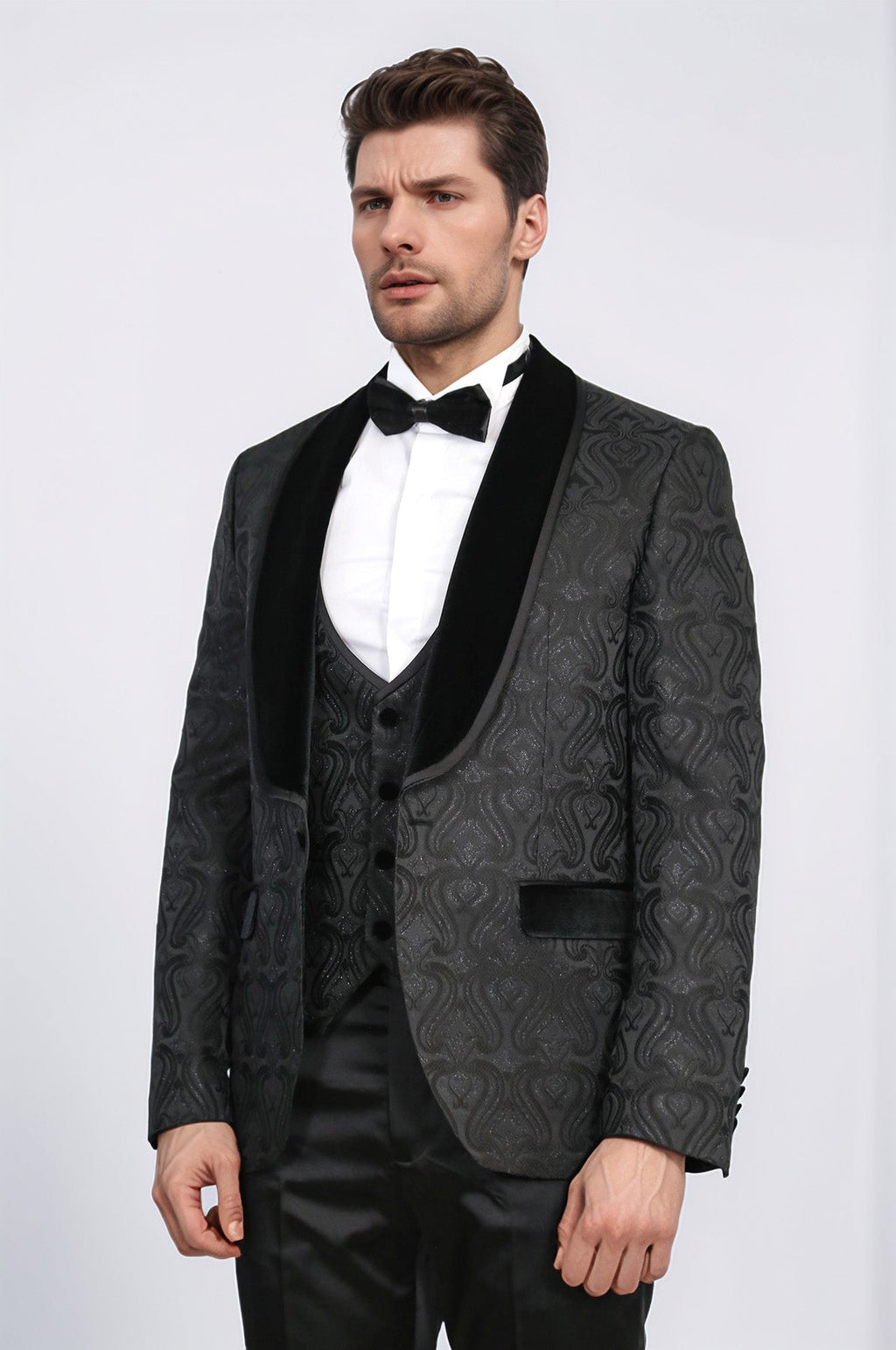 Baroque Patterned Velvet Shawl Collar Vested Glittery Black Tuxedo - Wessi