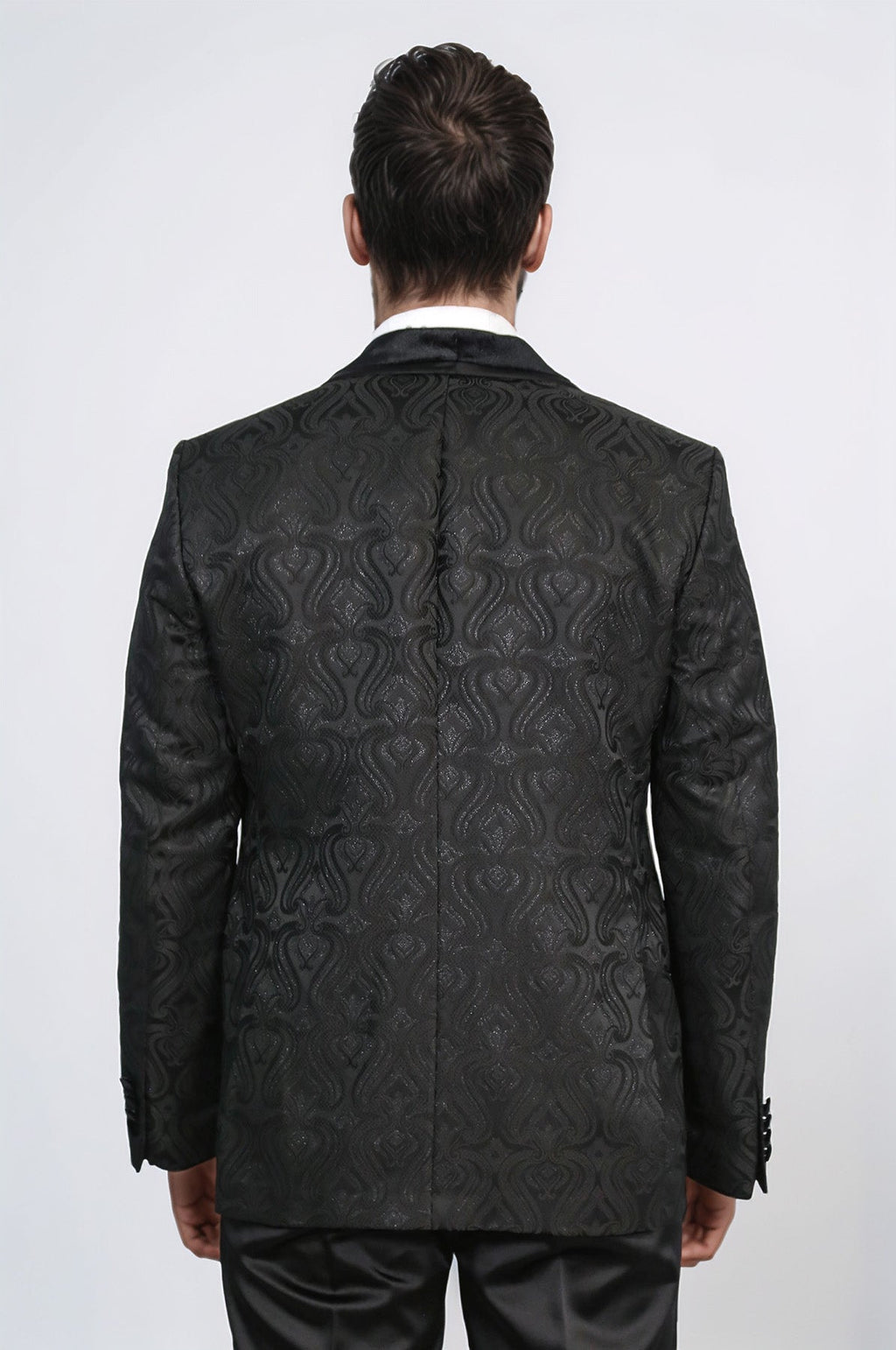 Baroque Patterned Velvet Shawl Collar Vested Glittery Black Tuxedo - Wessi