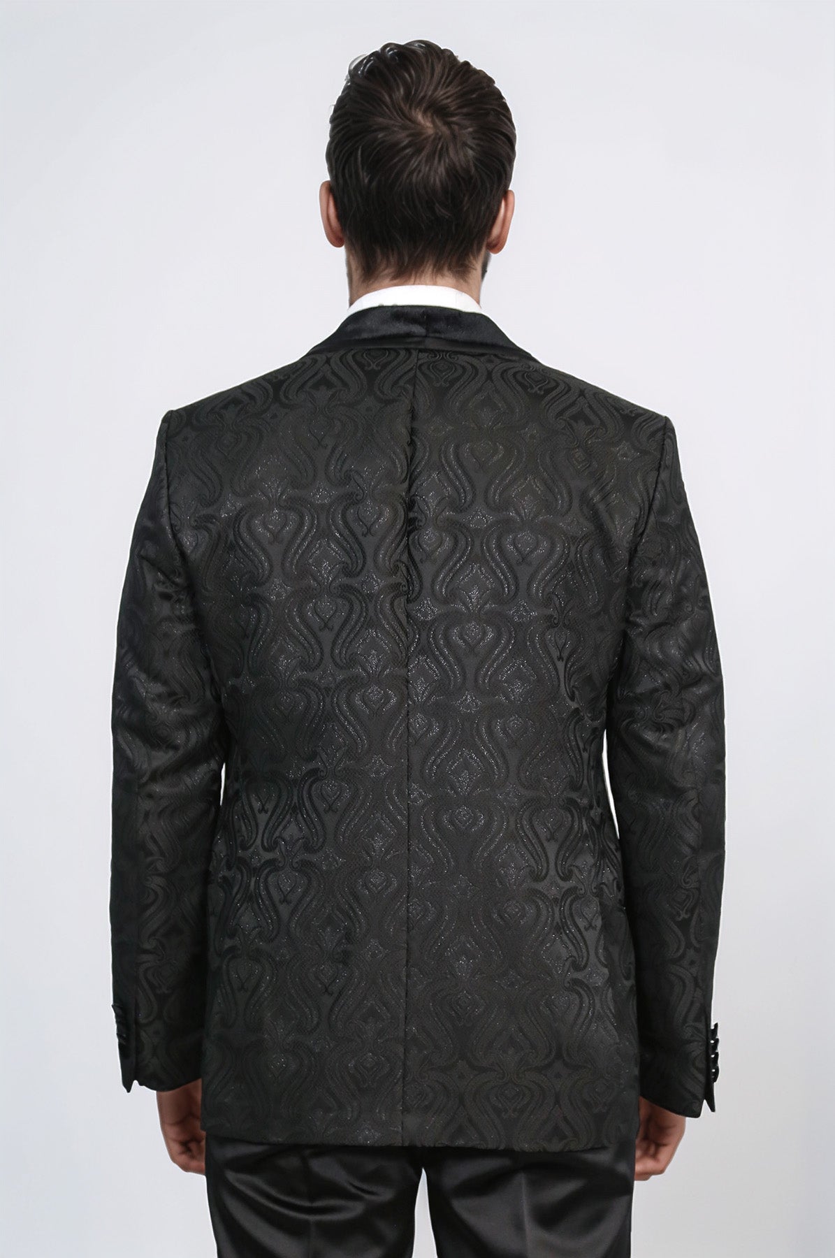 Baroque Patterned Velvet Shawl Collar Vested Glittery Black Tuxedo - Wessi