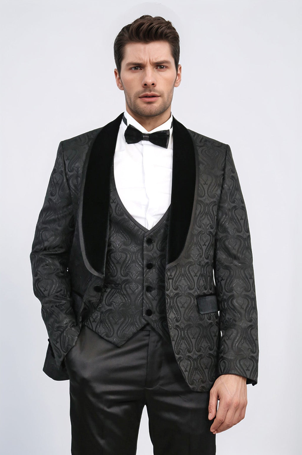 Baroque Patterned Velvet Shawl Collar Vested Glittery Black Tuxedo - Wessi