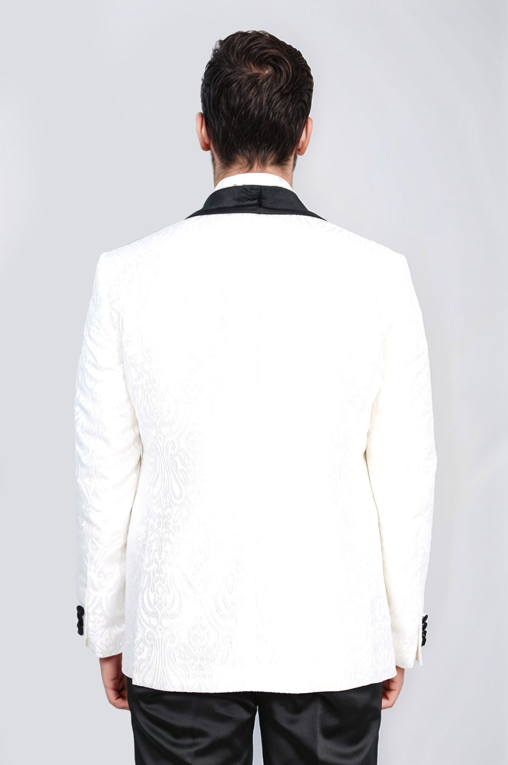 Baroque Patterned Velvet Shawl Collar Vested White Tuxedo - Wessi