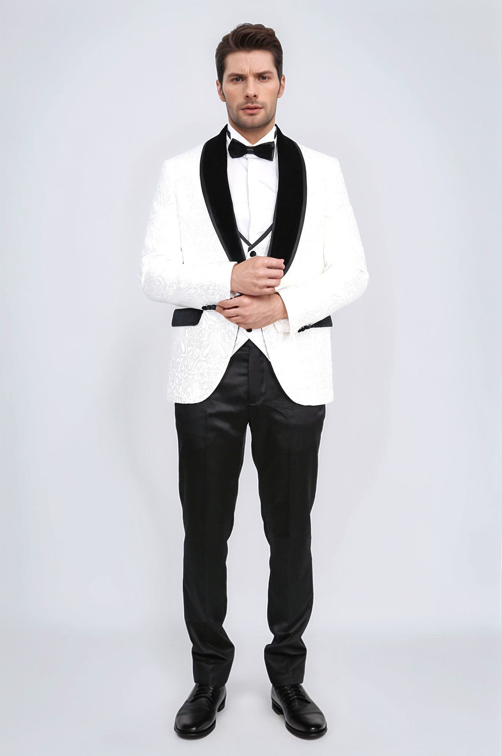 Baroque Patterned Velvet Shawl Collar Vested White Tuxedo - Wessi