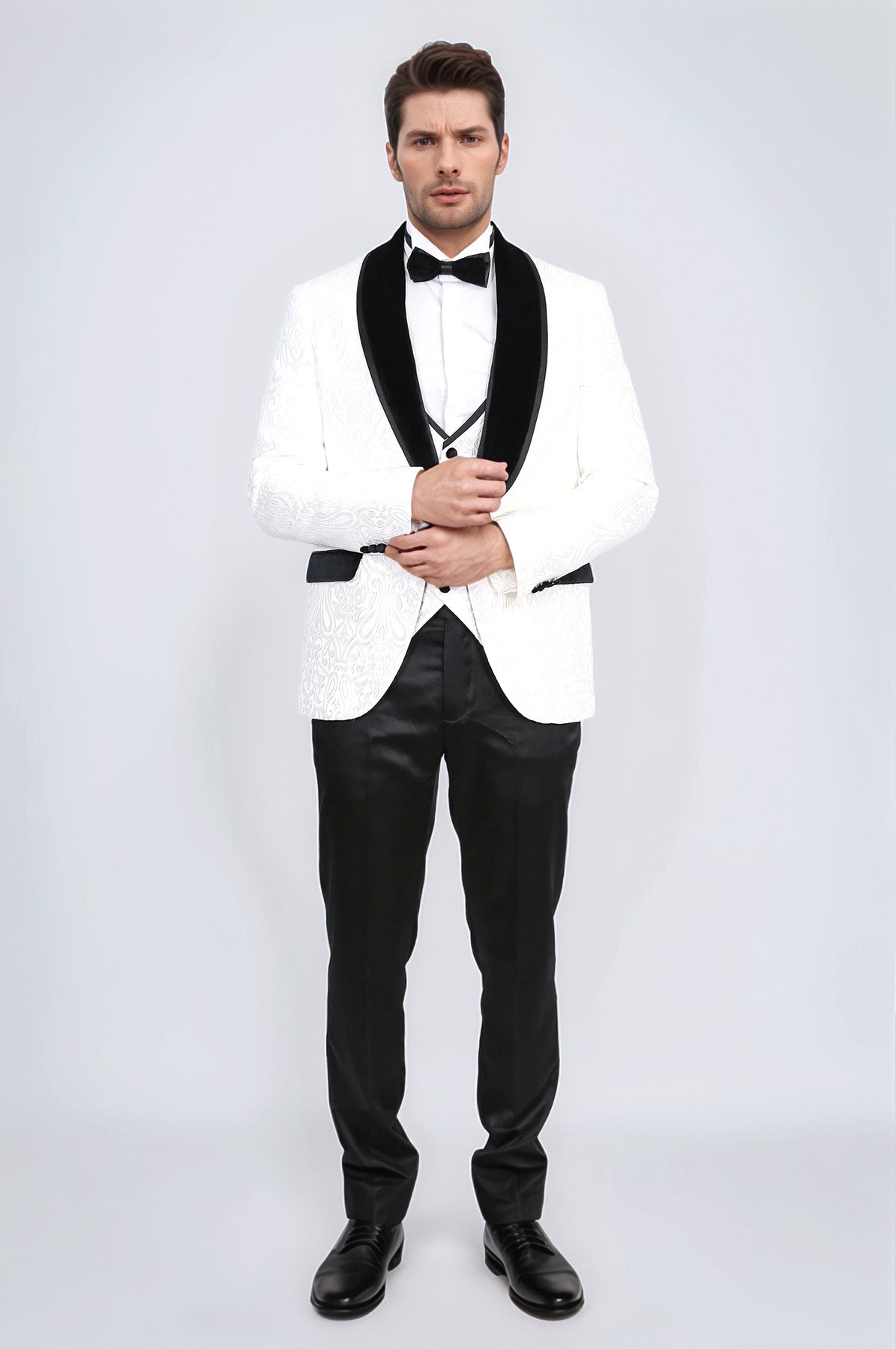 Baroque Patterned Velvet Shawl Collar Vested White Tuxedo - Wessi
