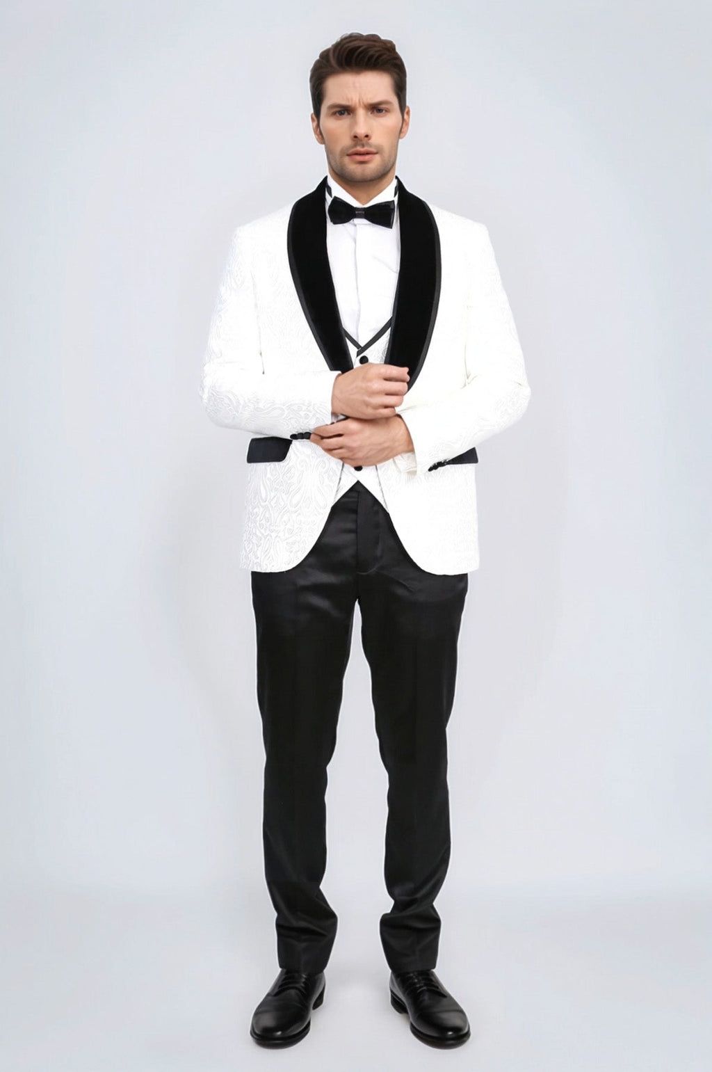 Baroque Patterned Velvet Shawl Collar Vested White Tuxedo - Wessi
