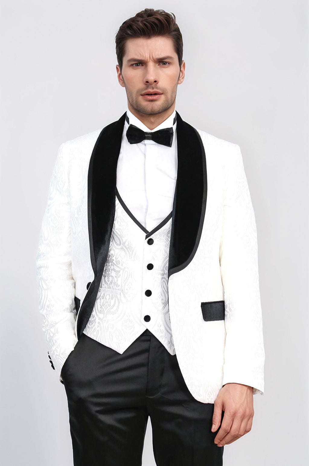 Baroque Patterned Velvet Shawl Collar Vested White Tuxedo - Wessi