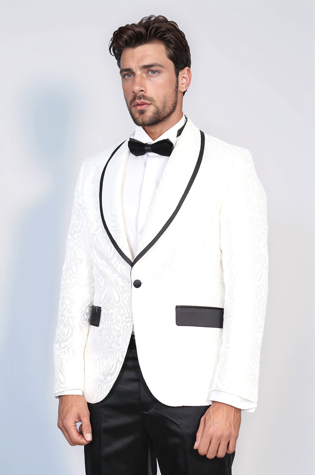 Damask Patterned Shawl Collar White Tuxedo - Wessi