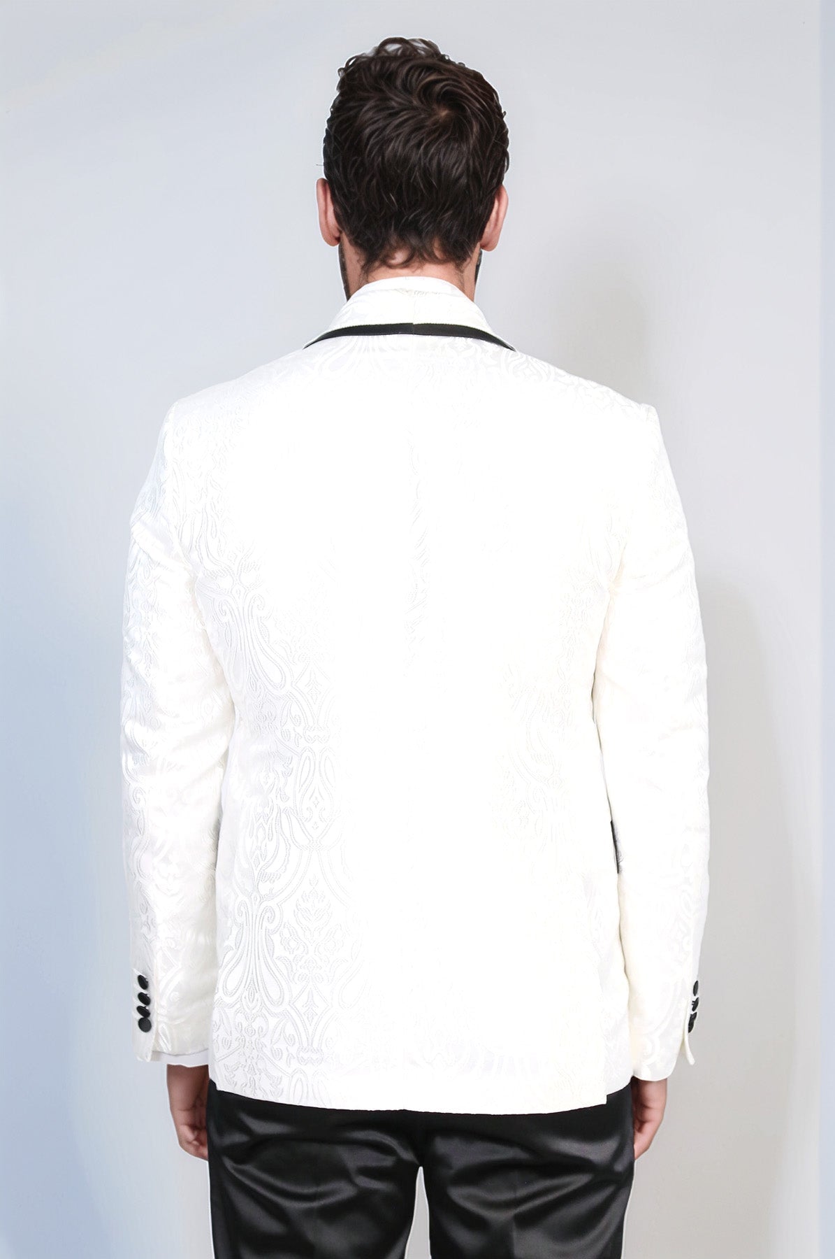 Damask Patterned Shawl Collar White Tuxedo - Wessi