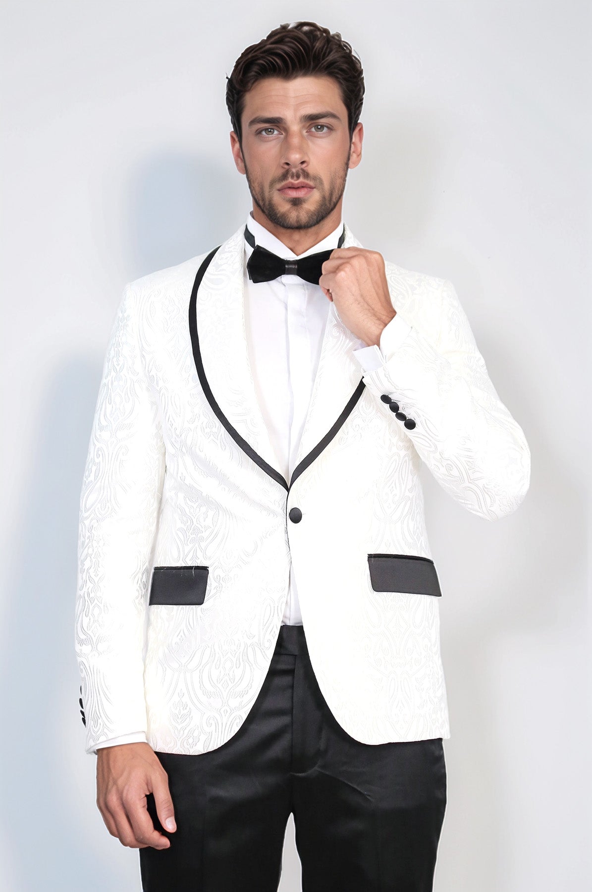 Damask Patterned Shawl Collar White Tuxedo - Wessi