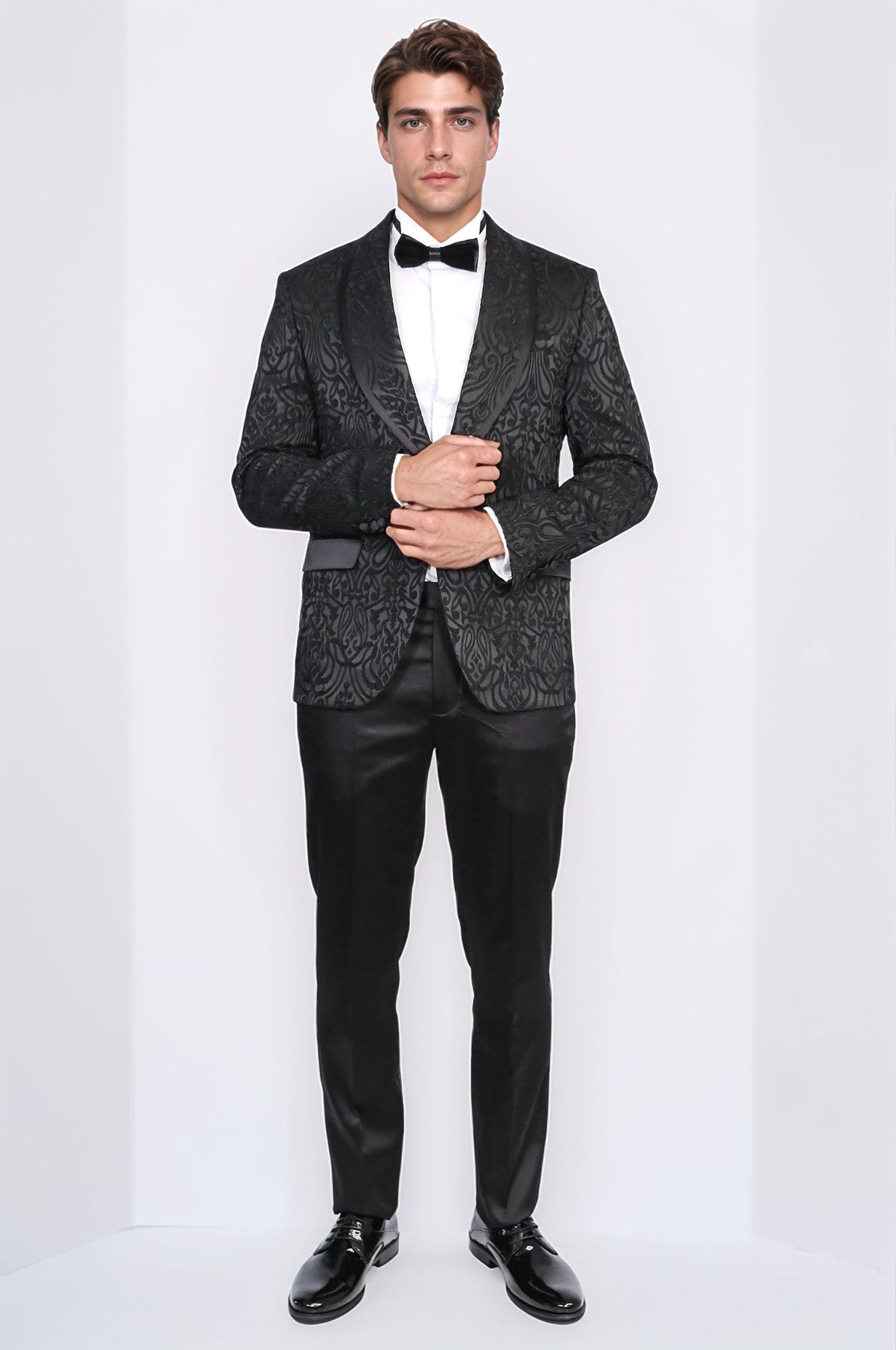 Damask Patterned Shawl Collar Black Tuxedo - Wessi