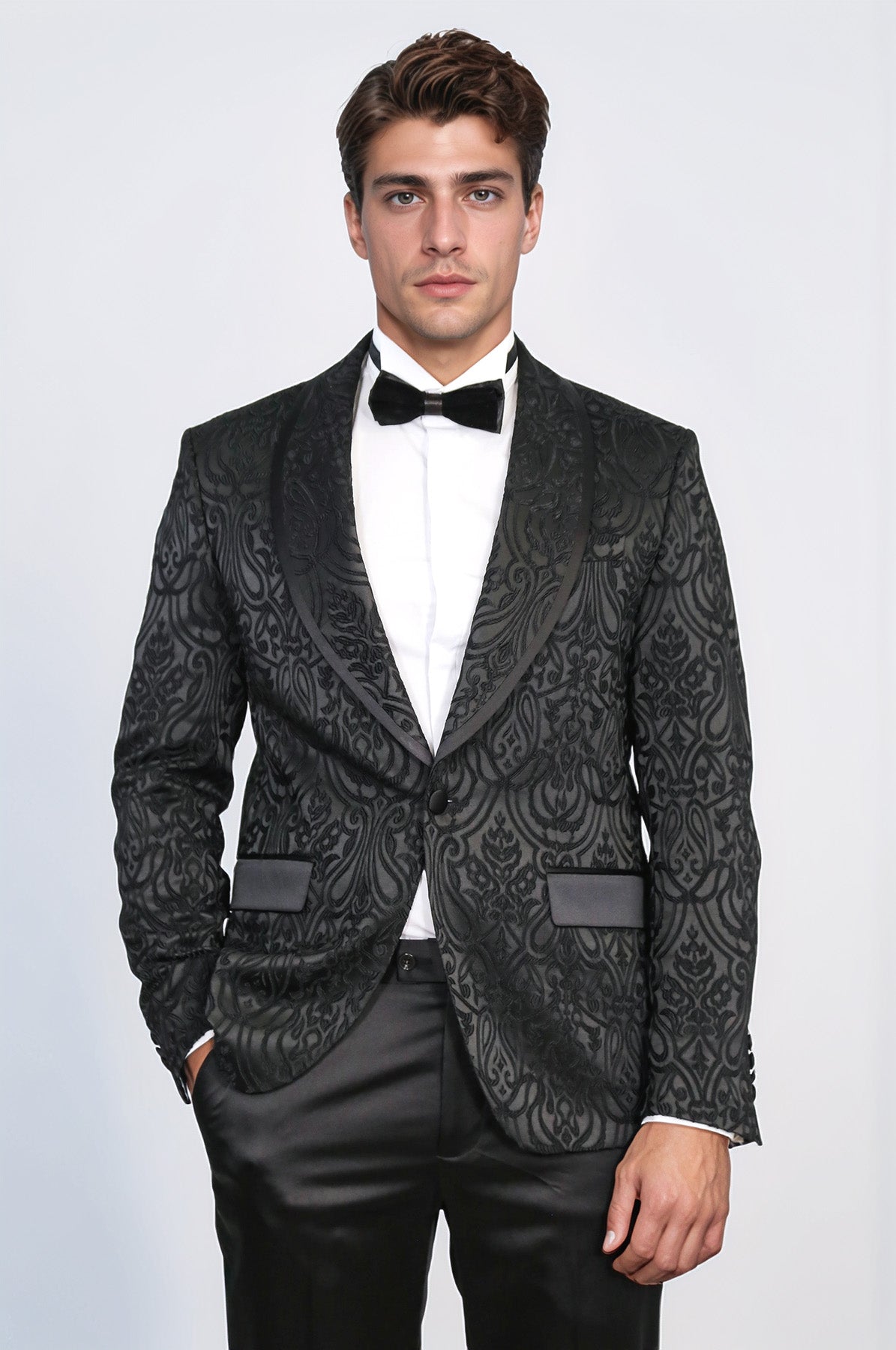 Damask Patterned Shawl Collar Black Tuxedo - Wessi