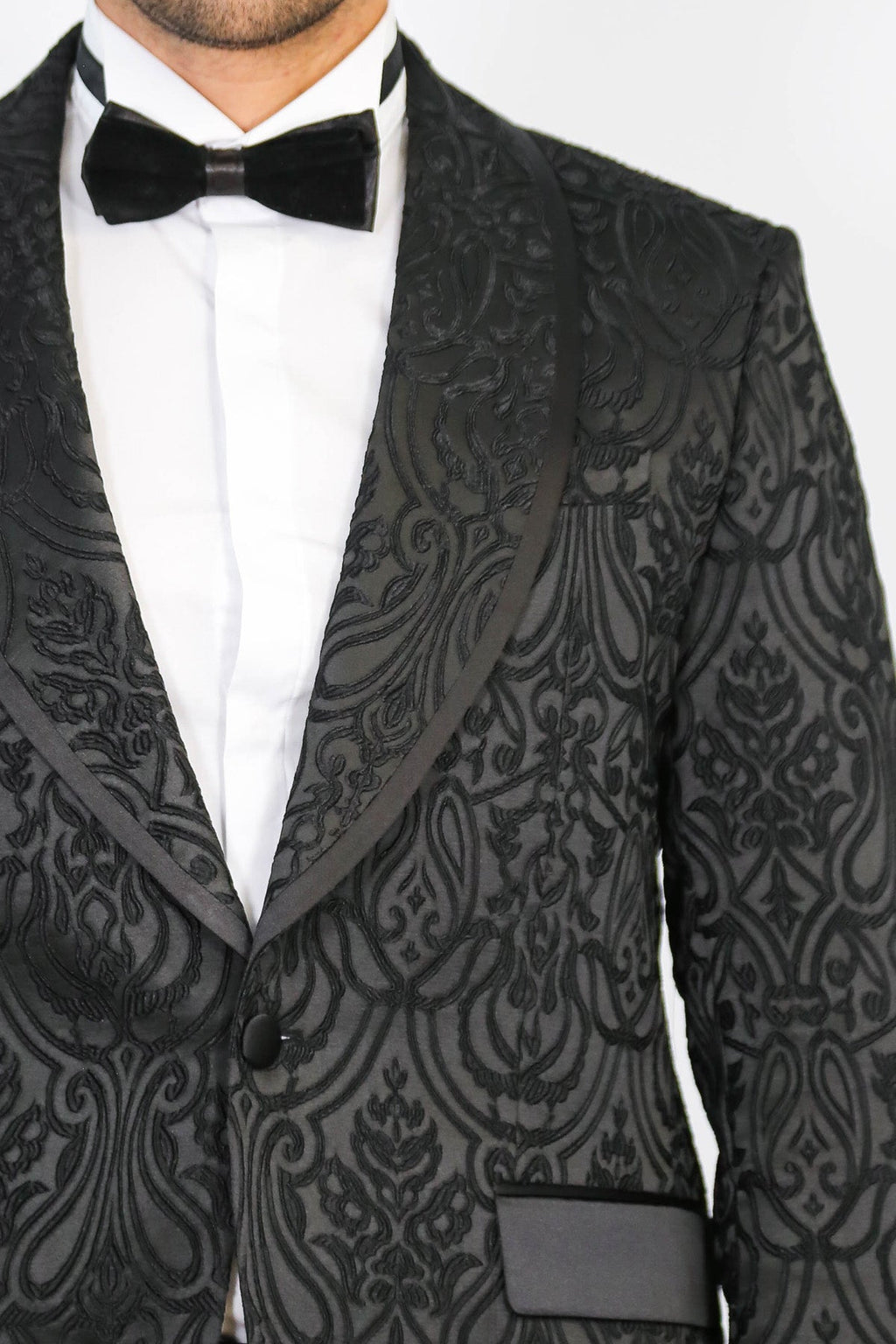 Damask Patterned Shawl Collar Black Tuxedo - Wessi