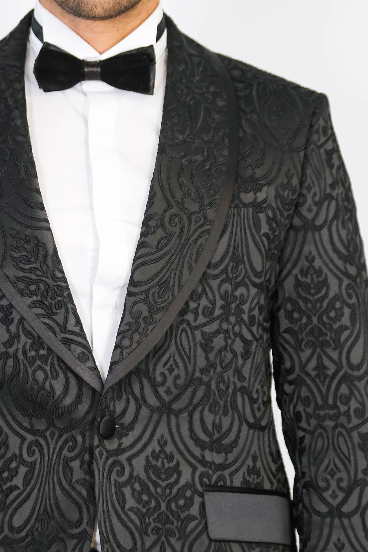 Damask Patterned Shawl Collar Black Tuxedo - Wessi