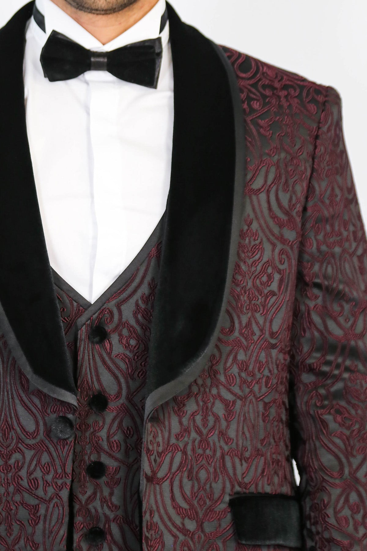 Baroque Patterned Velvet Shawl Collar Vested Burgundy Tuxedo - Wessi