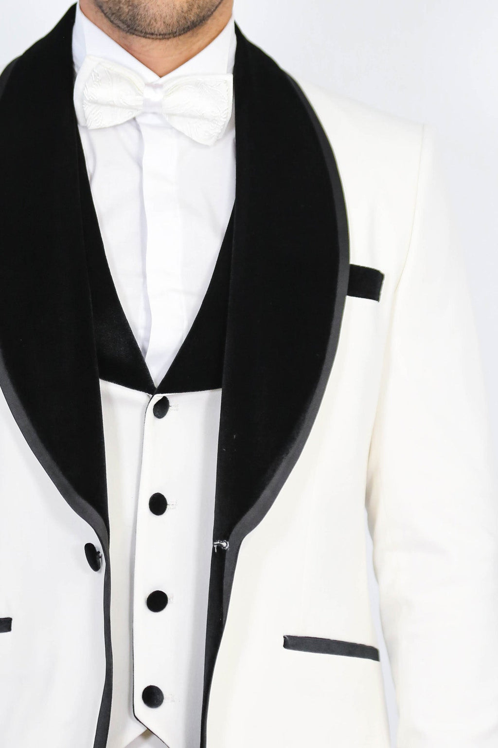 Classic Velvet Lapel White Tuxedo Suit - Wessi