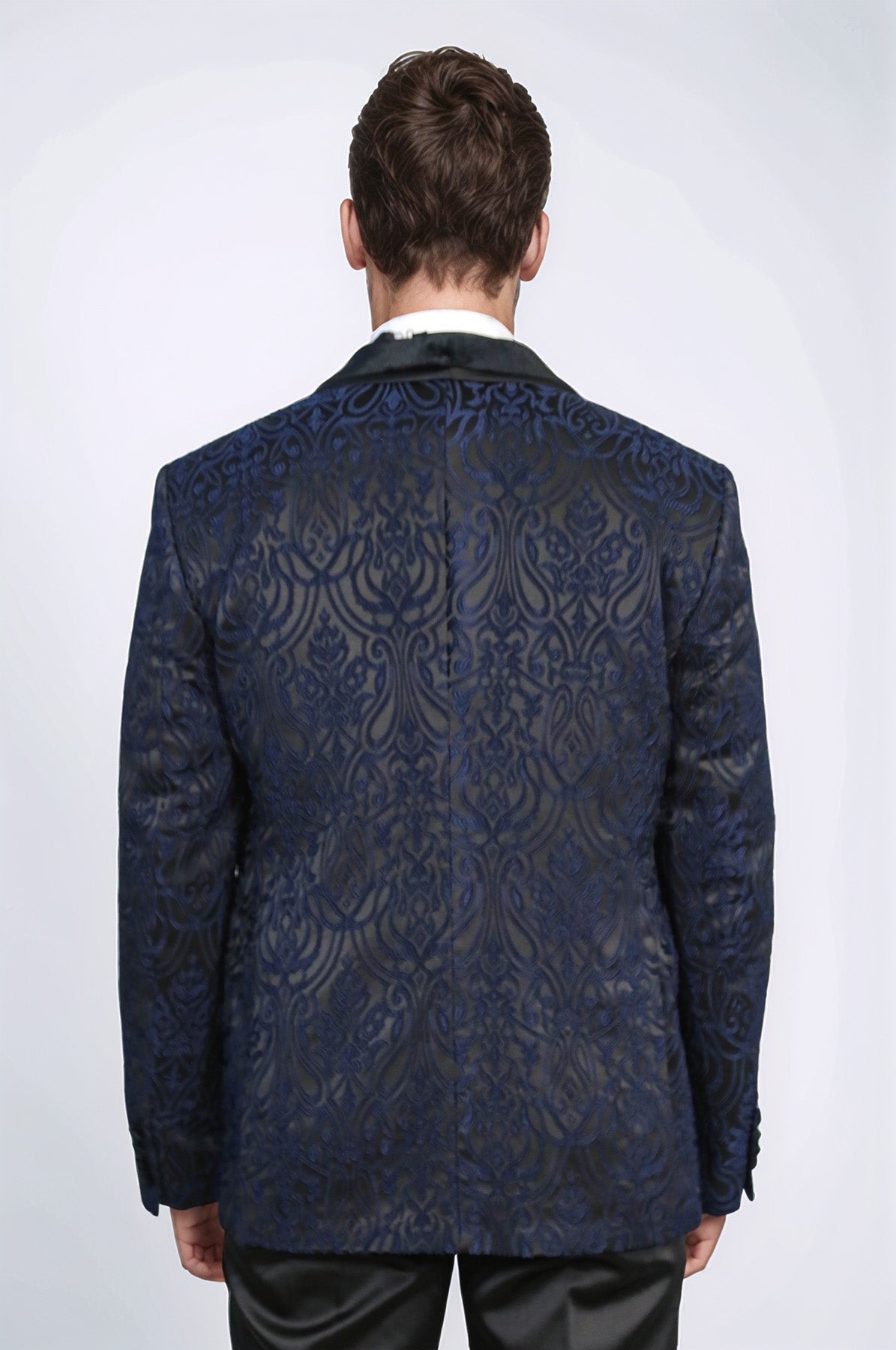 Baroque Patterned Velvet Shawl Collar Vested Navy Blue Tuxedo - Wessi