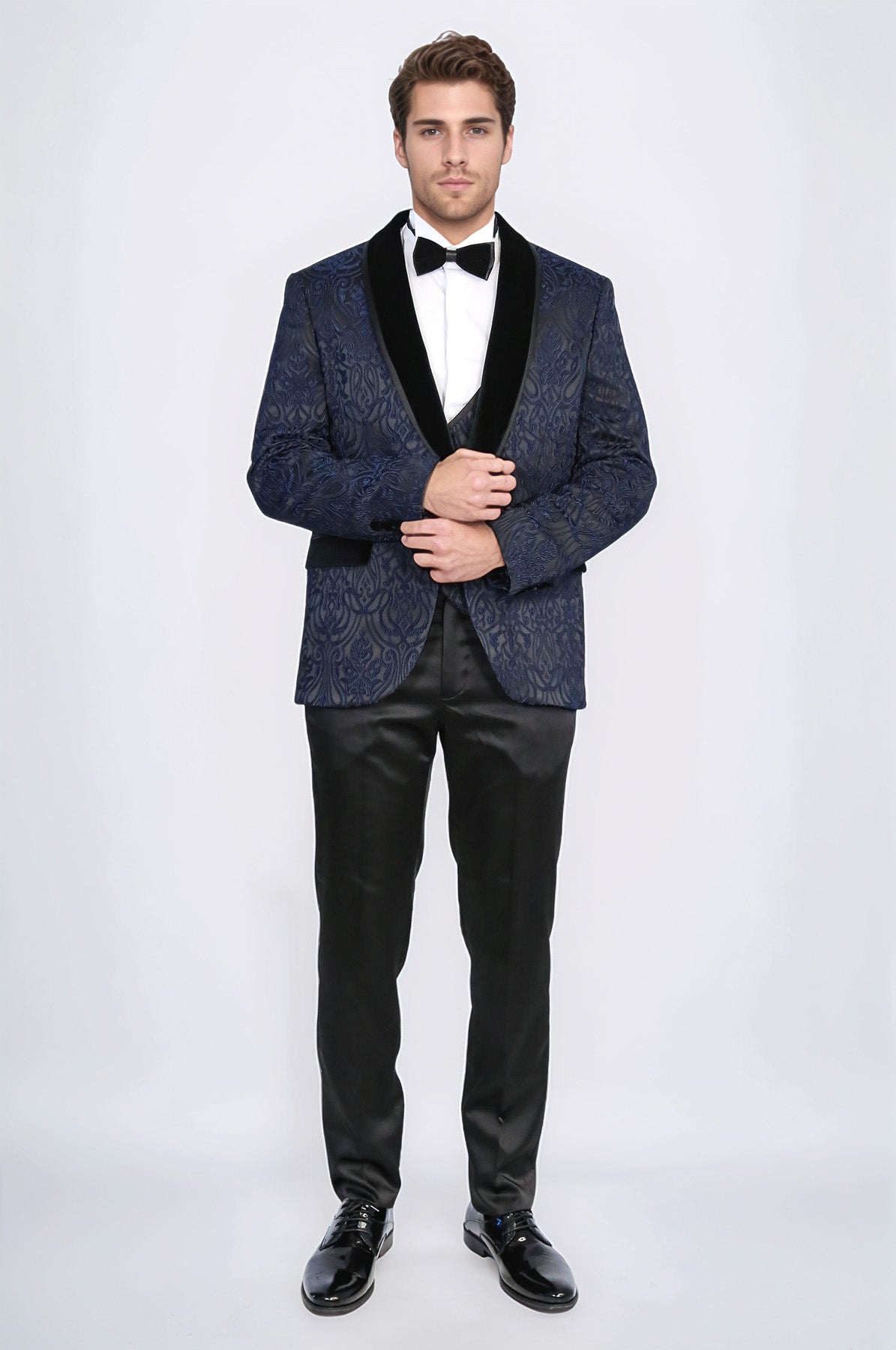 Baroque Patterned Velvet Shawl Collar Vested Navy Blue Tuxedo - Wessi