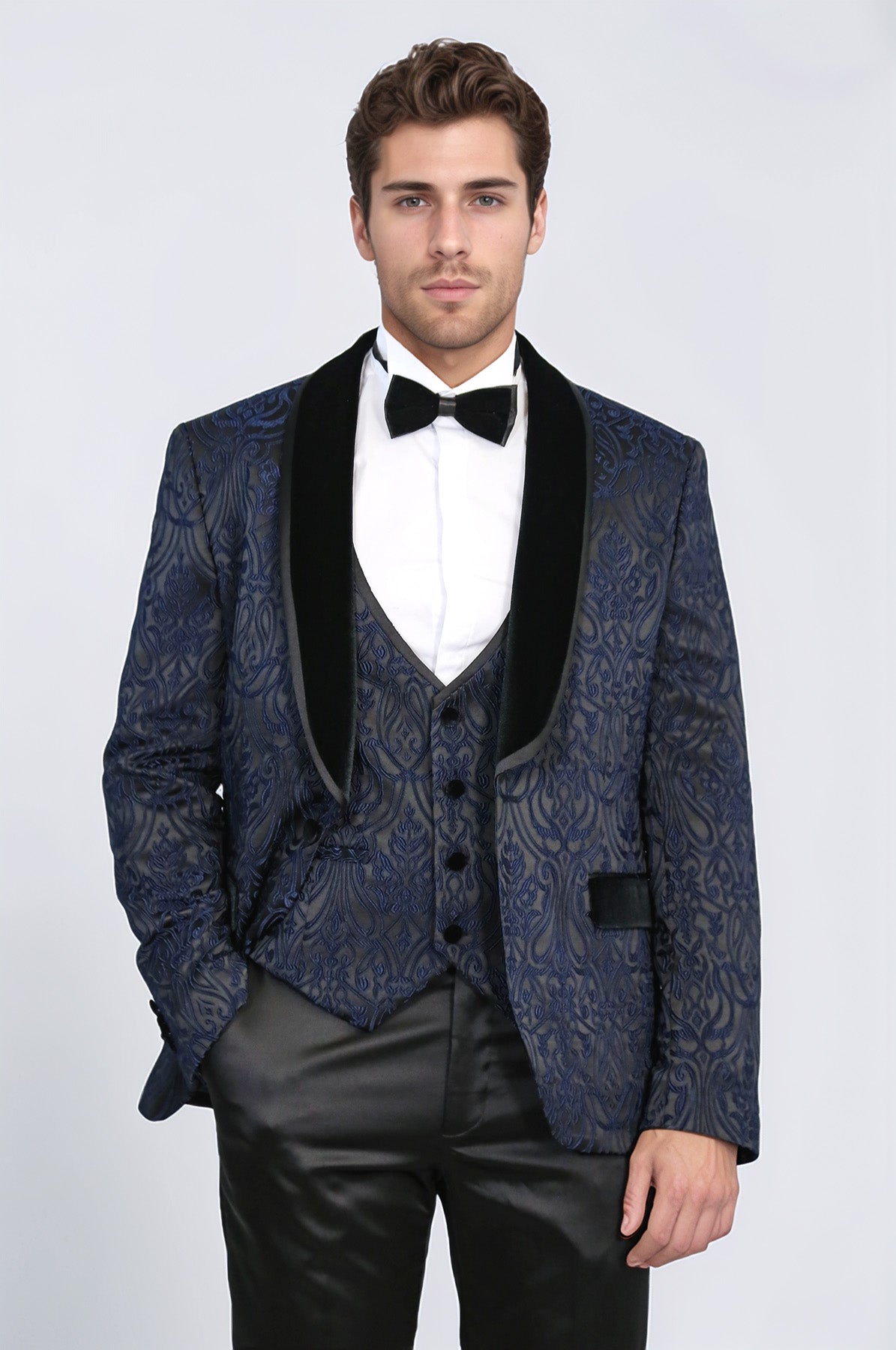 Baroque Patterned Velvet Shawl Collar Vested Navy Blue Tuxedo - Wessi