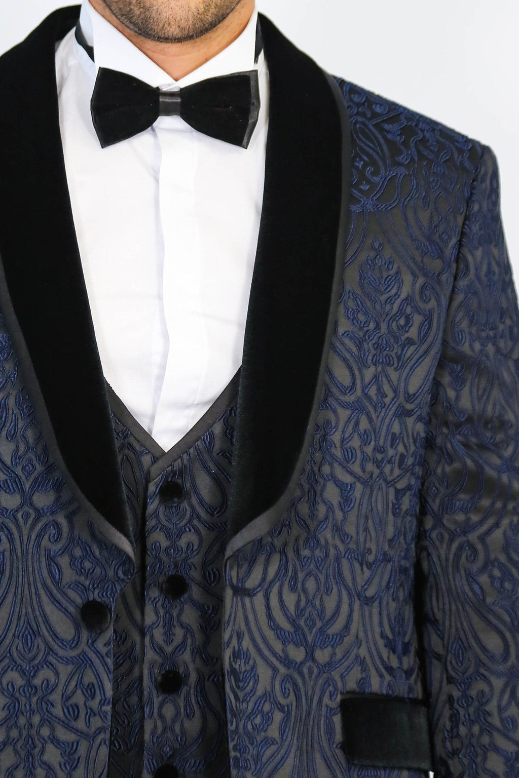 Baroque Patterned Velvet Shawl Collar Vested Navy Blue Tuxedo - Wessi