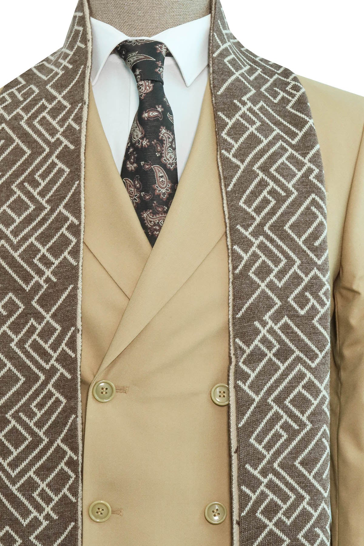 Beige Double-Breasted Suit, White Shirt, Tie, and Brown Scarf Combination - Classic and Modern Harmony - Wessi