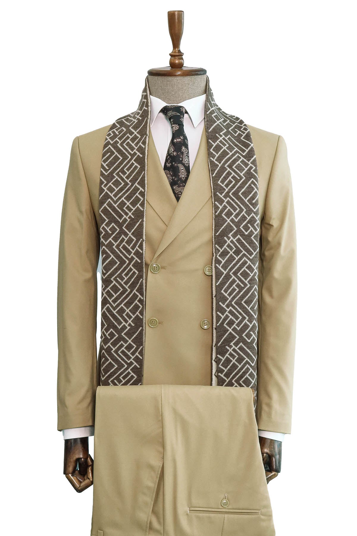 Beige Double-Breasted Suit, White Shirt, Tie, and Brown Scarf Combination - Classic and Modern Harmony - Wessi