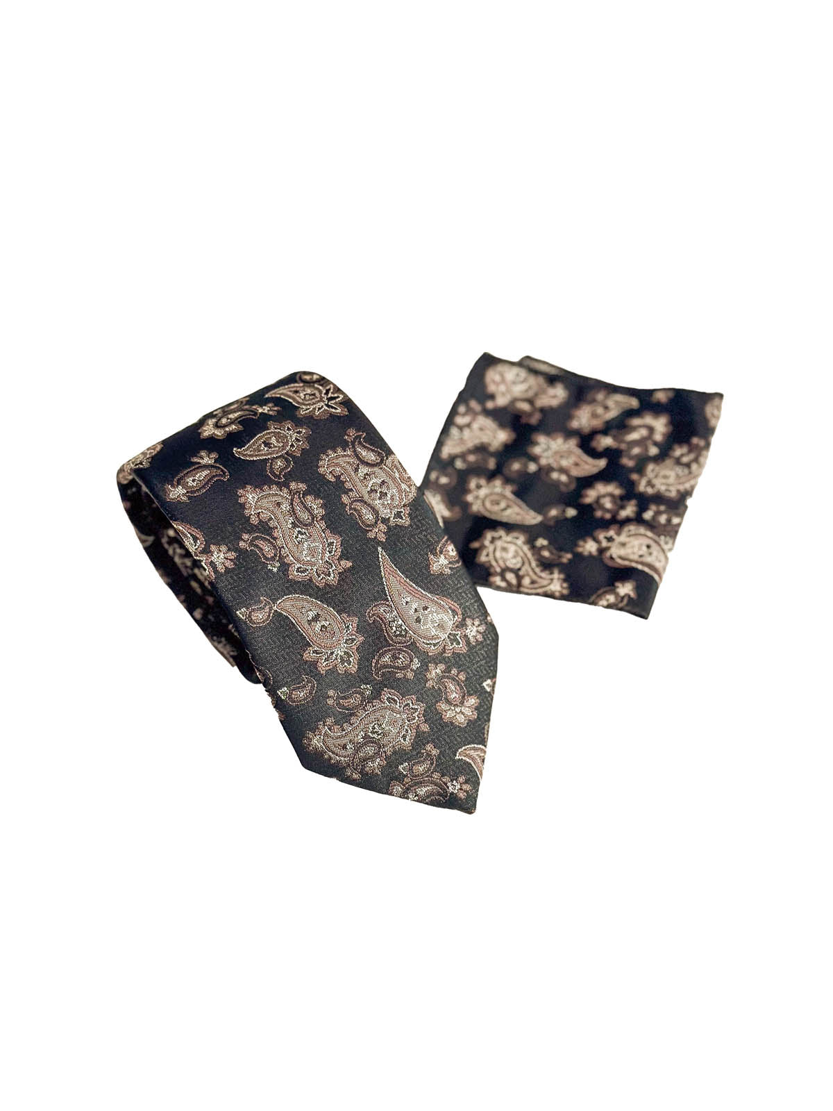 Black and Brown Paisley Patterned Tie and Pocket Square Set - Wessi