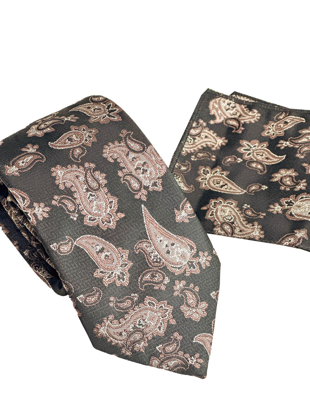 Black and Brown Paisley Patterned Tie and Pocket Square Set - Wessi