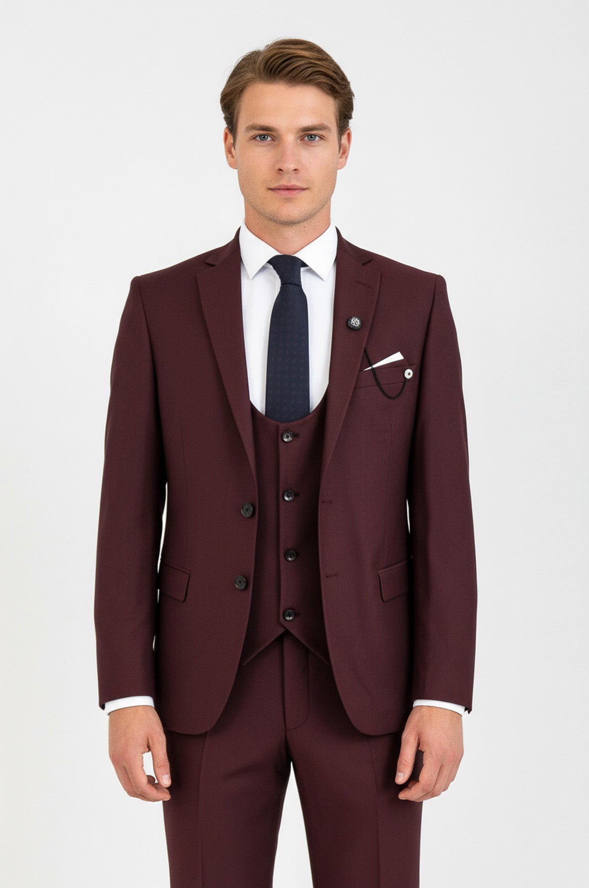 Burgundy Slim Fit Men's Suit with Vest | Wessi