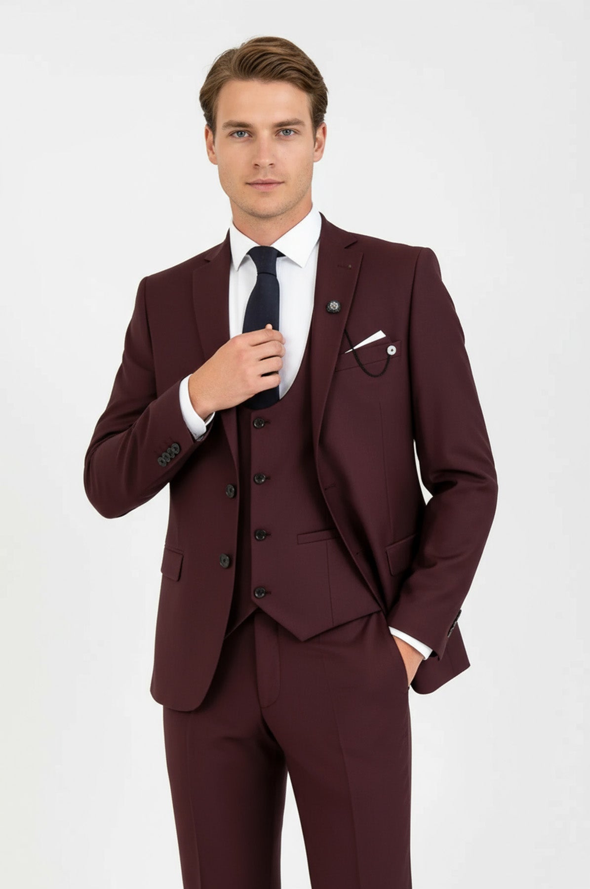 Burgundy Slim Fit Men's Suit with Vest | Wessi