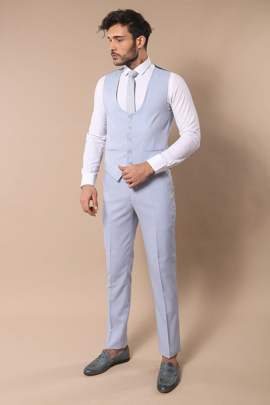 Mono Lapel Patterned Light Blue Tuxedo Suit-Wessi
