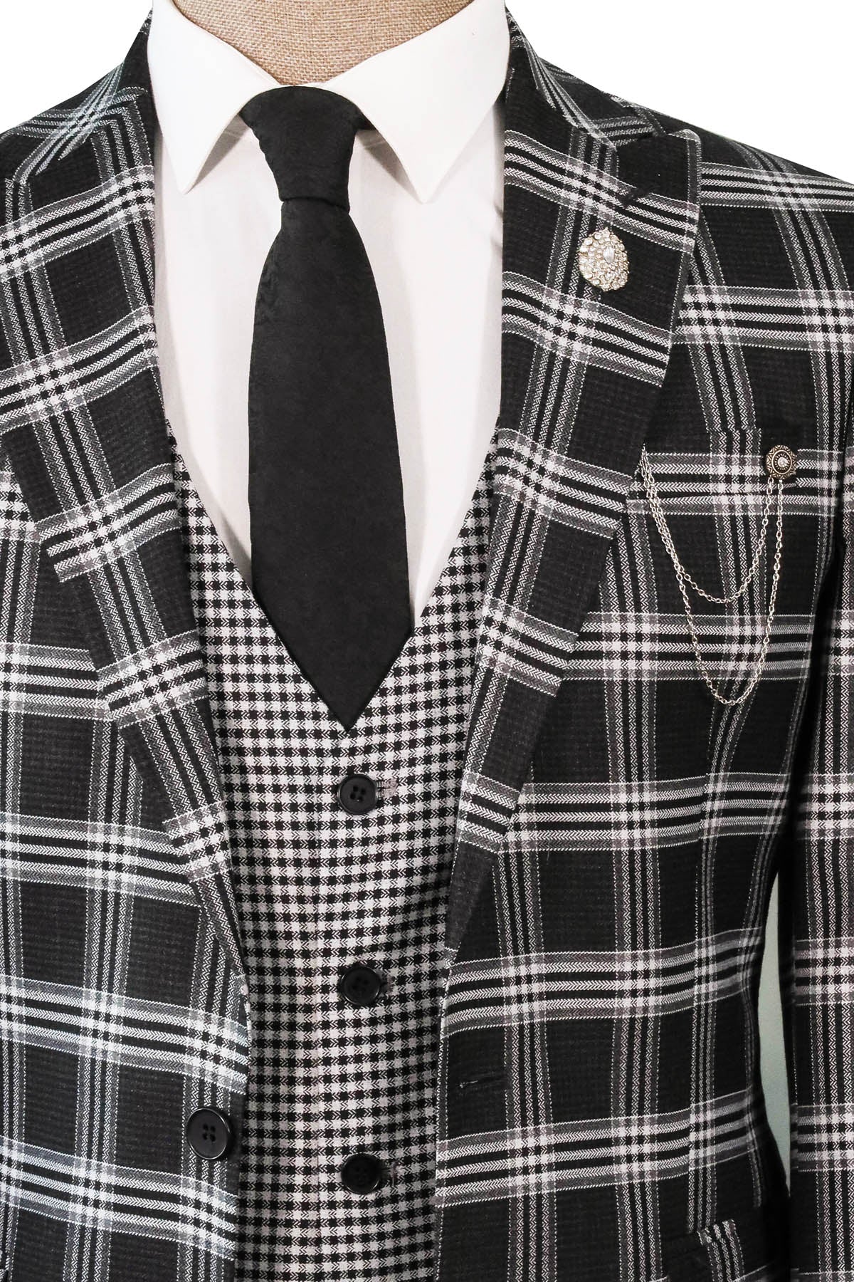 Black Plaid Patterned Vest Suit, White Shirt, and Black Tie Combination - Prestigious Business Style - Wessi