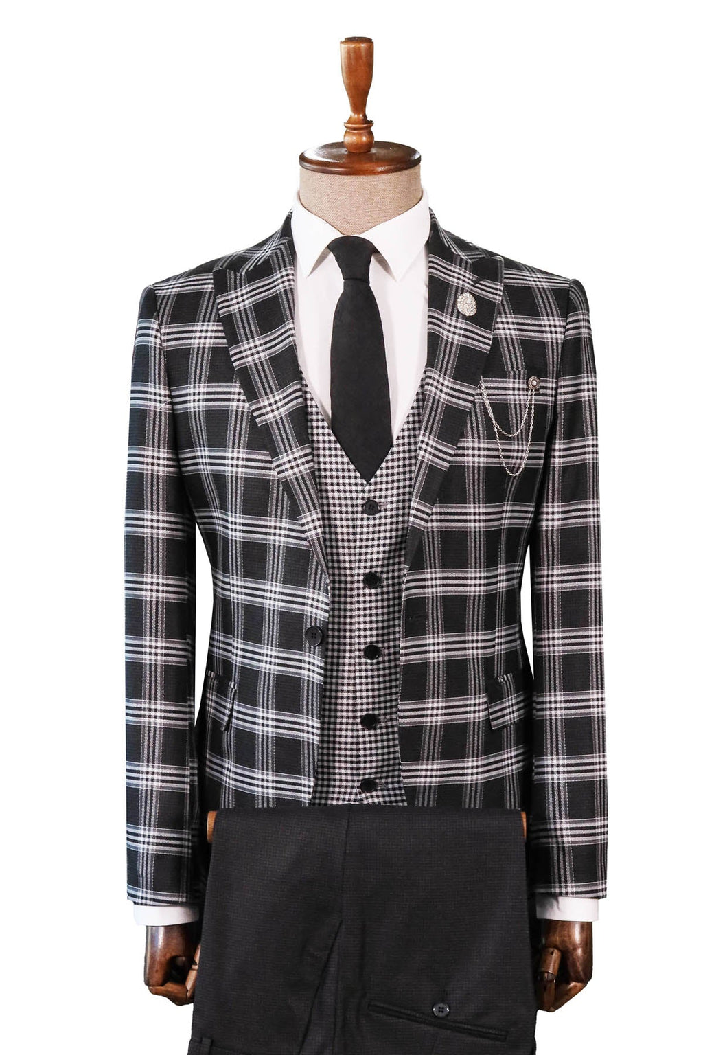 Black Plaid Patterned Vest Suit, White Shirt, and Black Tie Combination - Prestigious Business Style - Wessi