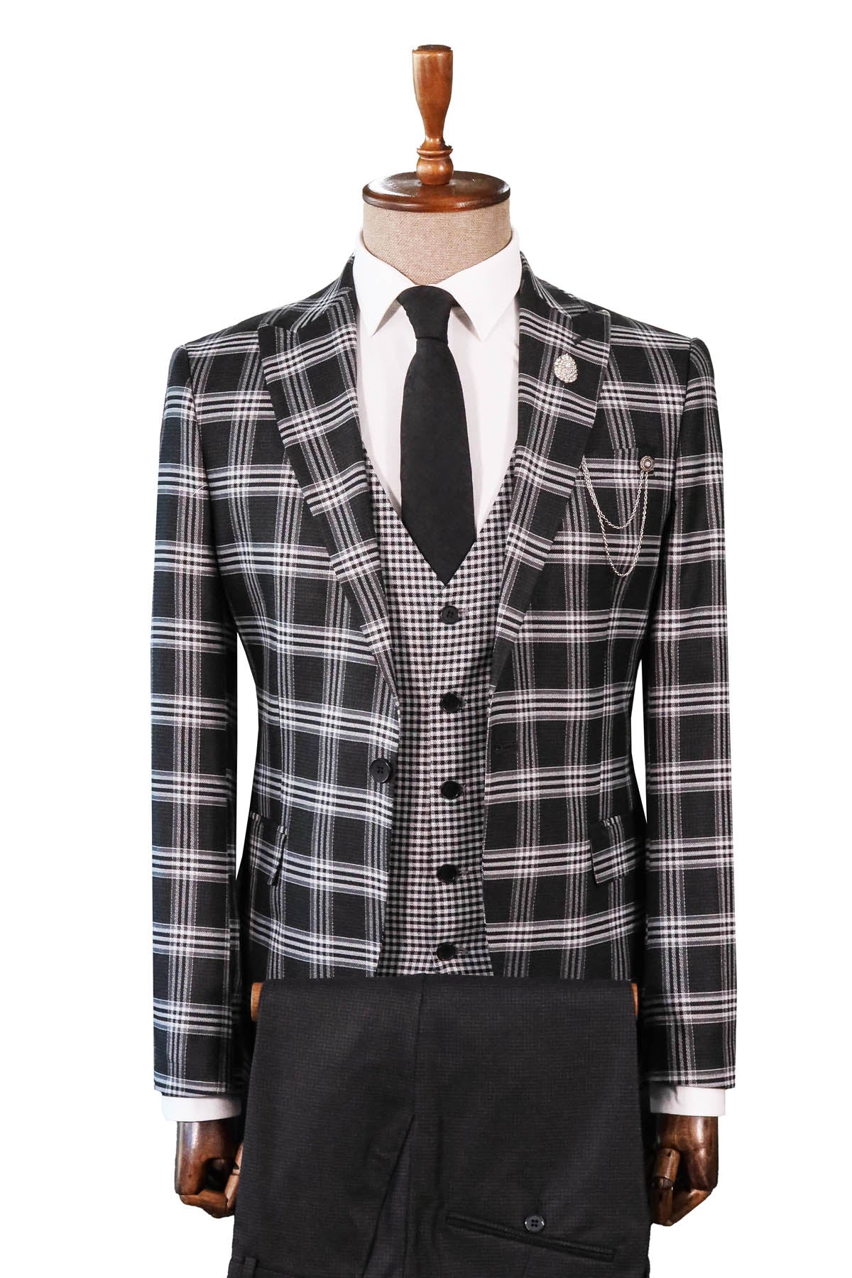Black Plaid Patterned Vest Suit, White Shirt, and Black Tie Combination - Prestigious Business Style - Wessi